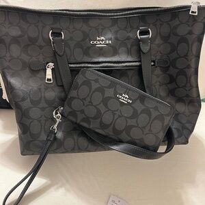 Coach black and silver graphite tote with wallet